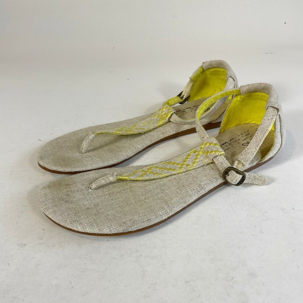 TOMS Playa T-Strap Thong Flat Sandals Womens Size 8 Yellow Burlap‎ Casual Buckle